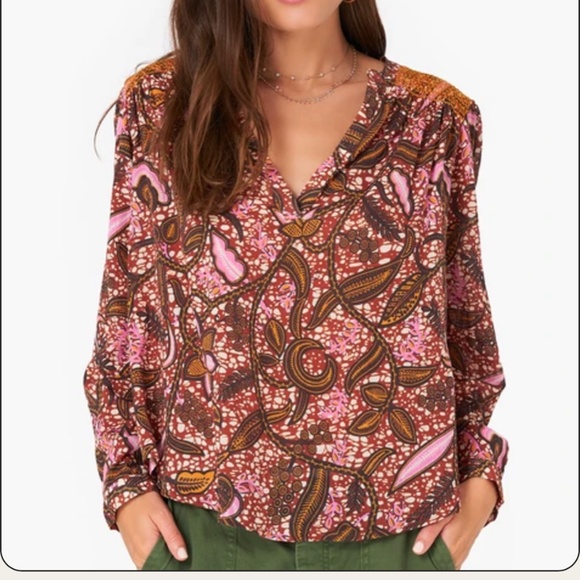 XiRENA Tops - XiRENA Aimi Smocked Long Sleeve Top Earth (Brown/Pink) Batik Print XS Casual